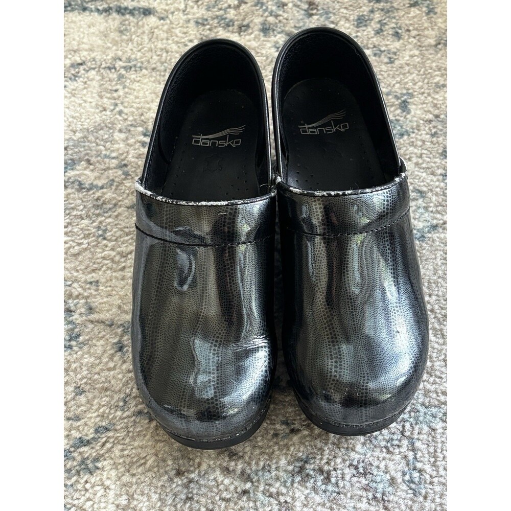 Dansko Clogs Women EU 38 US 7.5 8 Black Metallic Patent Leather Shoes